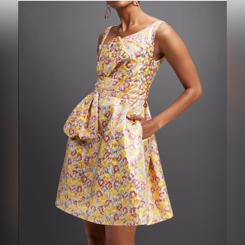 Zac Posen Women’s Size 1 Yellow Pink Peplum Dress Metallic Floral